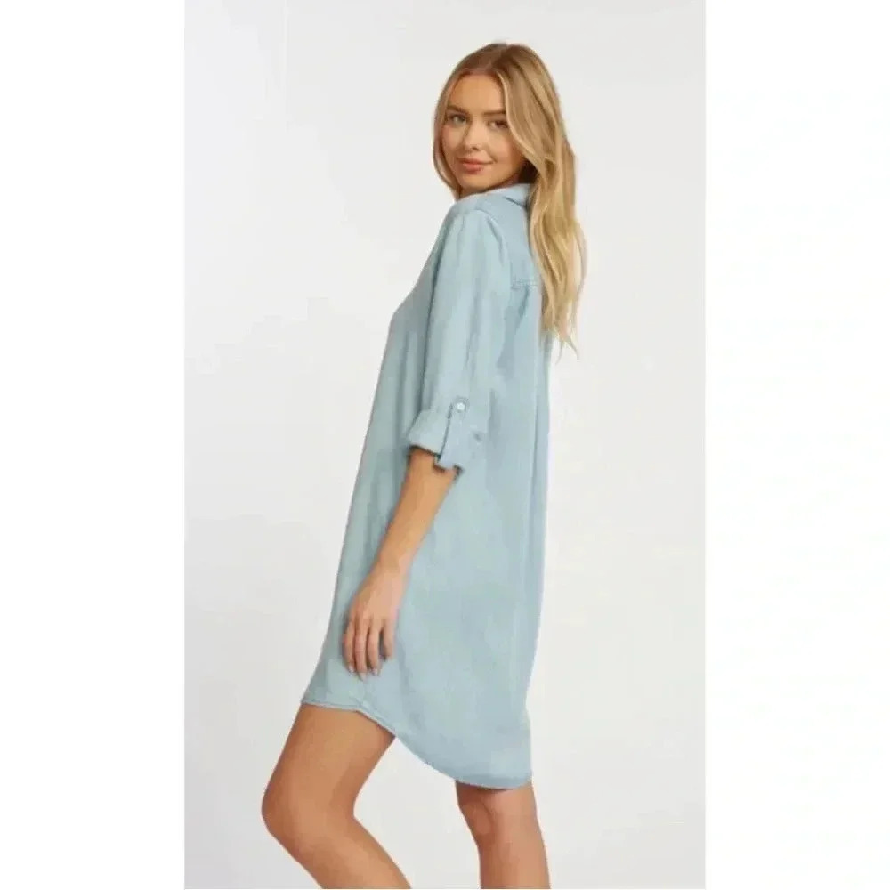 Thread &‎ Supply Medium 3/4 Sleeve Chambray Shirt Dress Tunic Denim Blue Pockets